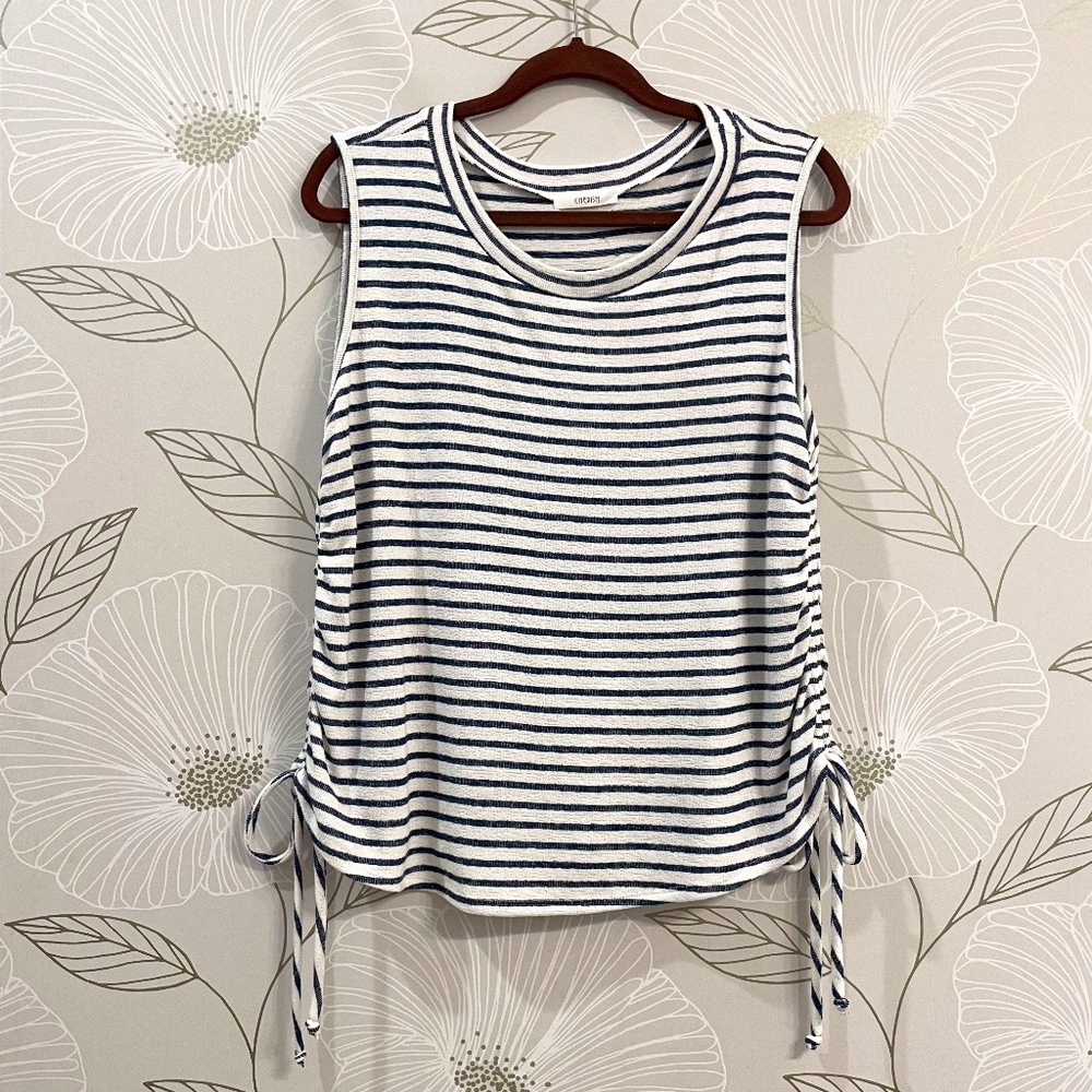 CHERISH Women's Large Sleeveless Drawstring Sides White/Blue Stripes Knit Top